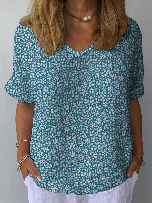 đ„Best Matchđ„Women's Retro Floral Casual V-Neck Cotton And Linen Top